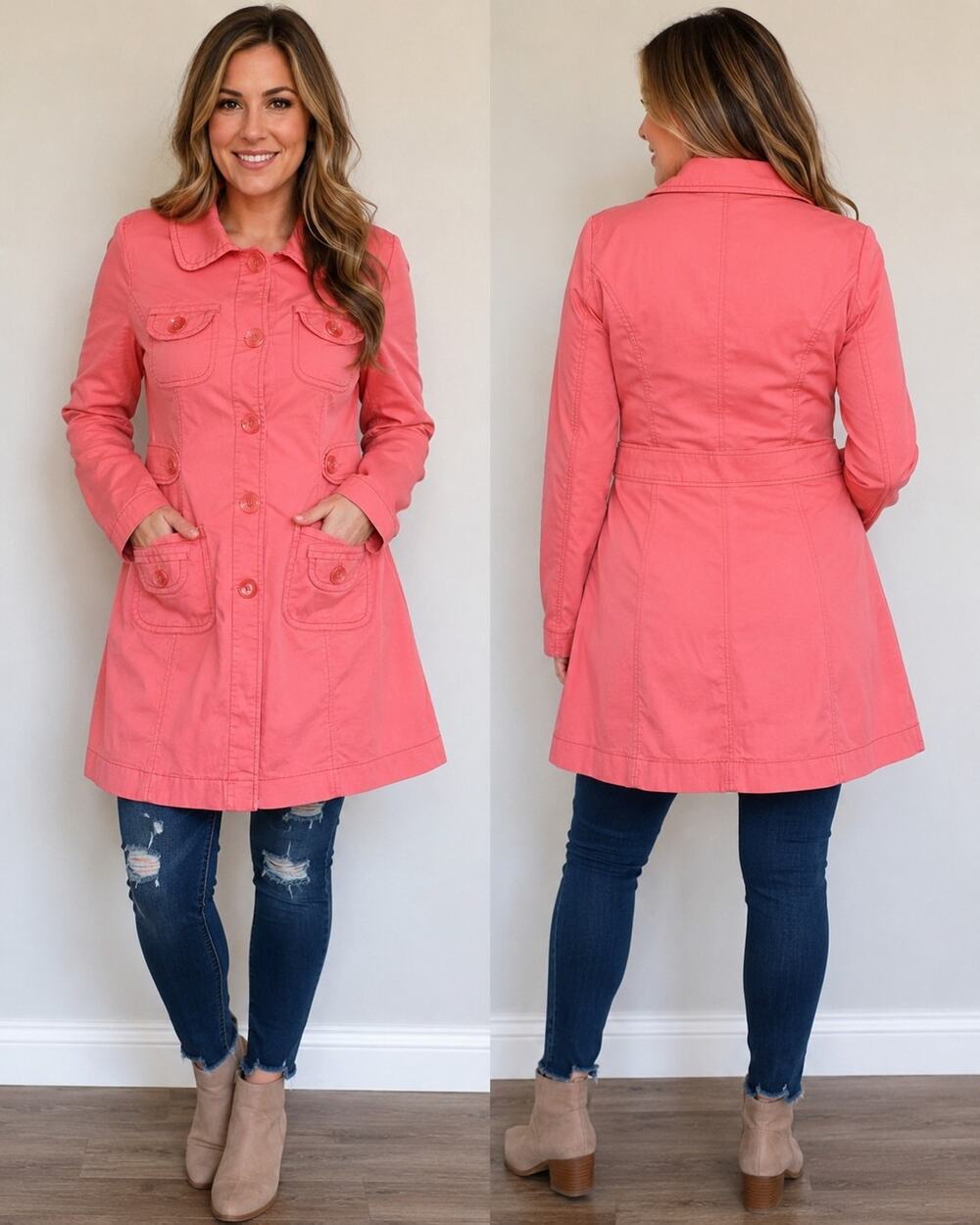 Tulle Women’s Trench Coat Jacket Size Large Coral Pink Button Front Pockets